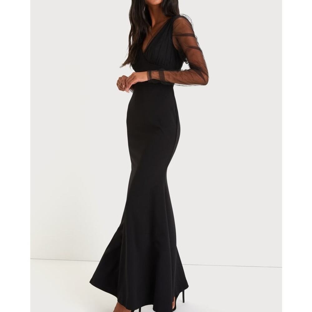 NEW Lulus Red Carpet Energy Black Tulle Long Sleeve Mermaid Maxi Dress Small